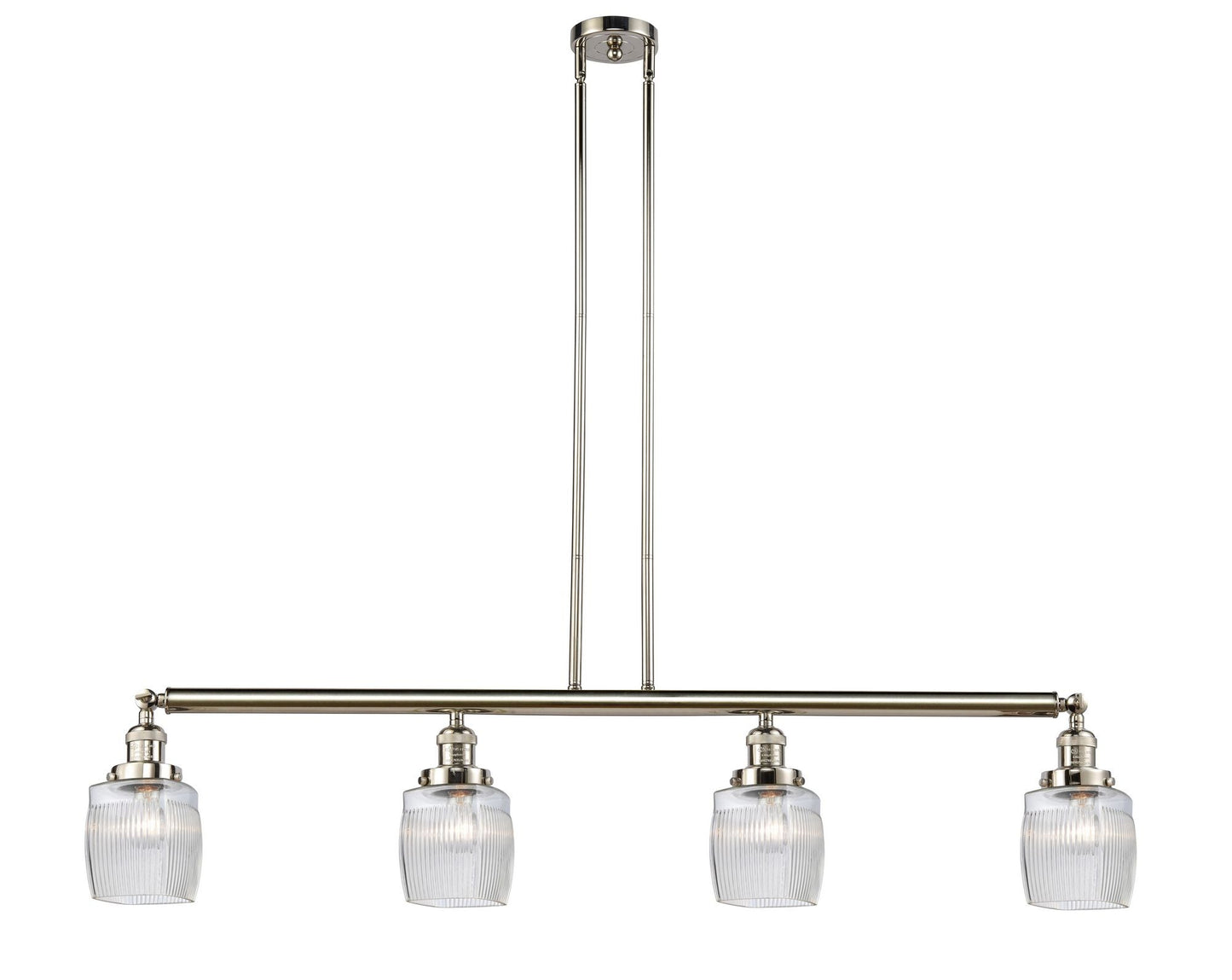 214-PN-G302 4-Light 50.125" Polished Nickel Island Light - Thick Clear Halophane Colton Glass - LED Bulb - Dimmensions: 50.125 x 7 x 11<br>Minimum Height : 20.25<br>Maximum Height : 44.25 - Sloped Ceiling Compatible: Yes