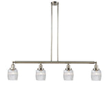 214-PN-G302 4-Light 50.125" Polished Nickel Island Light - Thick Clear Halophane Colton Glass - LED Bulb - Dimmensions: 50.125 x 7 x 11<br>Minimum Height : 20.25<br>Maximum Height : 44.25 - Sloped Ceiling Compatible: Yes