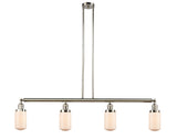 214-PN-G311 4-Light 49.125" Polished Nickel Island Light - Matte White Cased Dover Glass - LED Bulb - Dimmensions: 49.125 x 4.5 x 10.75<br>Minimum Height : 20.75<br>Maximum Height : 44.75 - Sloped Ceiling Compatible: Yes