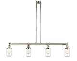 214-PN-G312 4-Light 49.125" Polished Nickel Island Light - Clear Dover Glass - LED Bulb - Dimmensions: 49.125 x 4.5 x 10.75<br>Minimum Height : 20.75<br>Maximum Height : 44.75 - Sloped Ceiling Compatible: Yes