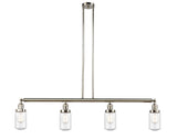 214-PN-G314 4-Light 49.125" Polished Nickel Island Light - Seedy Dover Glass - LED Bulb - Dimmensions: 49.125 x 4.5 x 10.75<br>Minimum Height : 20.75<br>Maximum Height : 44.75 - Sloped Ceiling Compatible: Yes