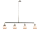 214-PN-G321 4-Light 51.375" Polished Nickel Island Light - Matte White Olean Glass - LED Bulb - Dimmensions: 51.375 x 6.375 x 8.75<br>Minimum Height : 21.875<br>Maximum Height : 45.875 - Sloped Ceiling Compatible: Yes