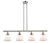 214-PN-G41 4-Light 52.375" Polished Nickel Island Light - Matte White Cased Large Cone Glass - LED Bulb - Dimmensions: 52.375 x 7.75 x 10<br>Minimum Height : 20.25<br>Maximum Height : 44.25 - Sloped Ceiling Compatible: Yes