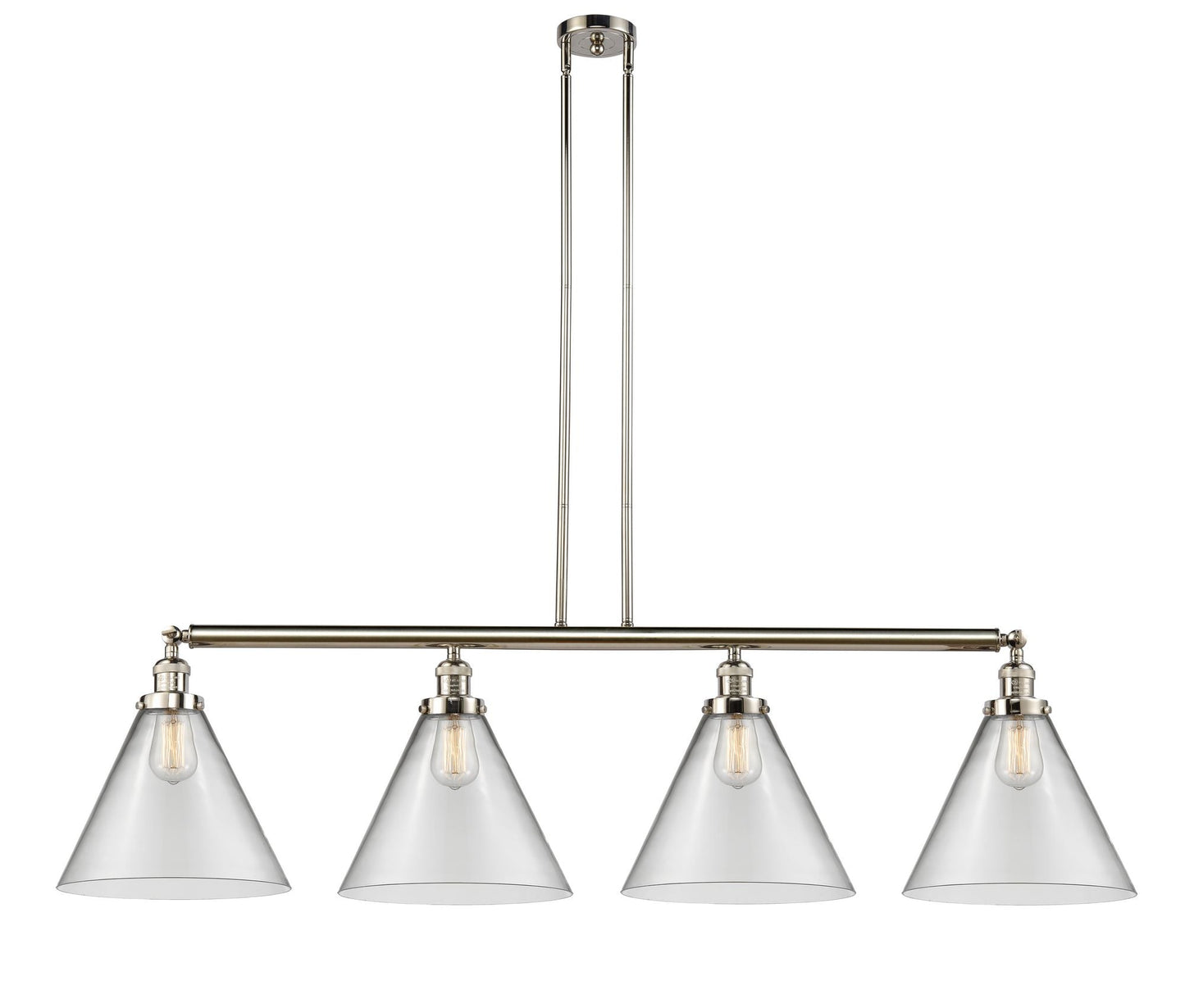 214-PN-G42-L 4-Light 56" Polished Nickel Island Light - Clear Cone 12" Glass - LED Bulb - Dimmensions: 56 x 12 x 14<br>Minimum Height : 24.25<br>Maximum Height : 48.25 - Sloped Ceiling Compatible: Yes