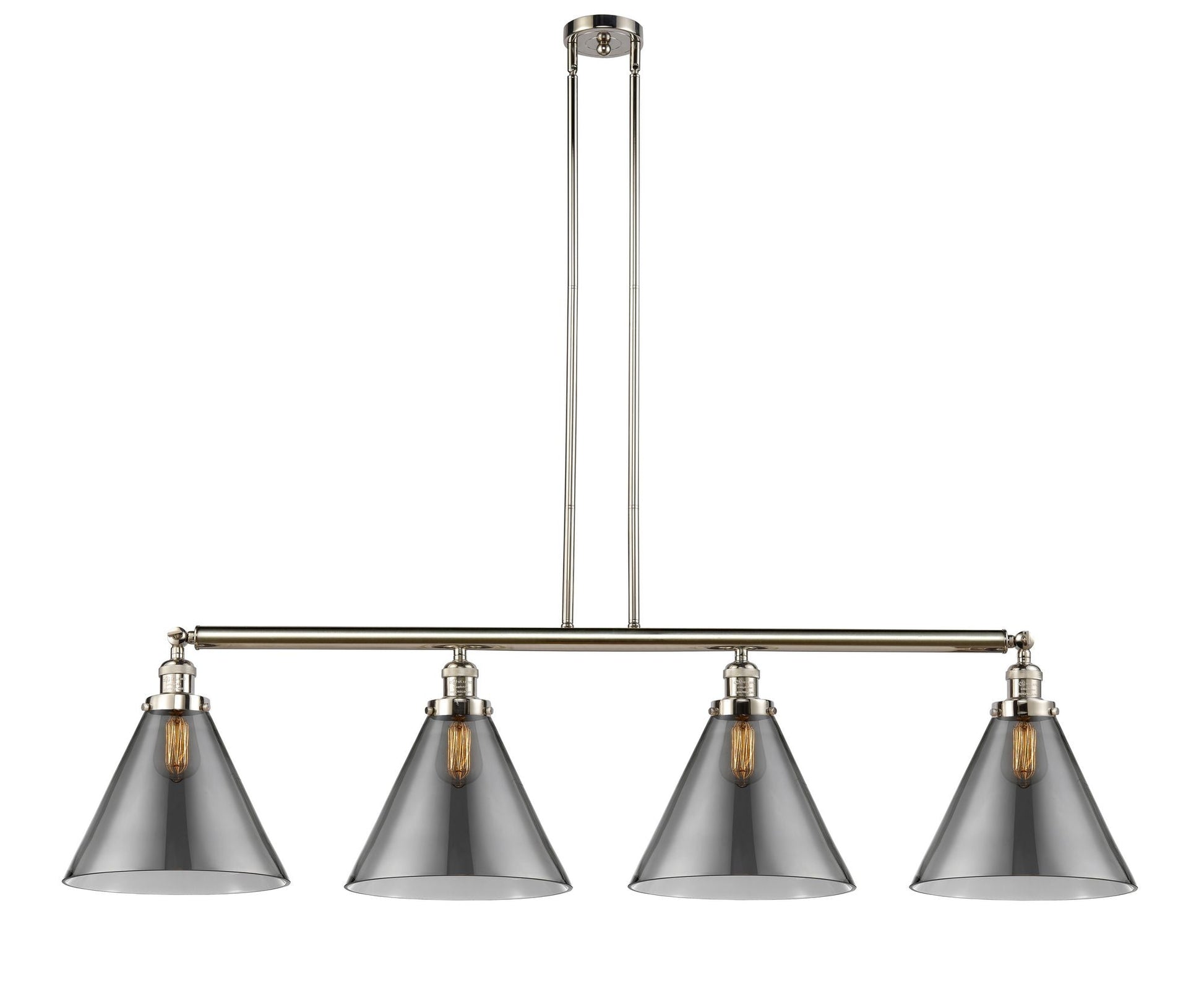 214-PN-G43-L 4-Light 56" Polished Nickel Island Light - Plated Smoke Cone 12" Glass - LED Bulb - Dimmensions: 56 x 12 x 14<br>Minimum Height : 24.25<br>Maximum Height : 48.25 - Sloped Ceiling Compatible: Yes