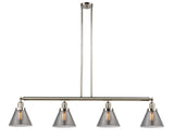214-PN-G43 4-Light 52.375" Polished Nickel Island Light - Plated Smoke Large Cone Glass - LED Bulb - Dimmensions: 52.375 x 7.75 x 10<br>Minimum Height : 20.25<br>Maximum Height : 44.25 - Sloped Ceiling Compatible: Yes