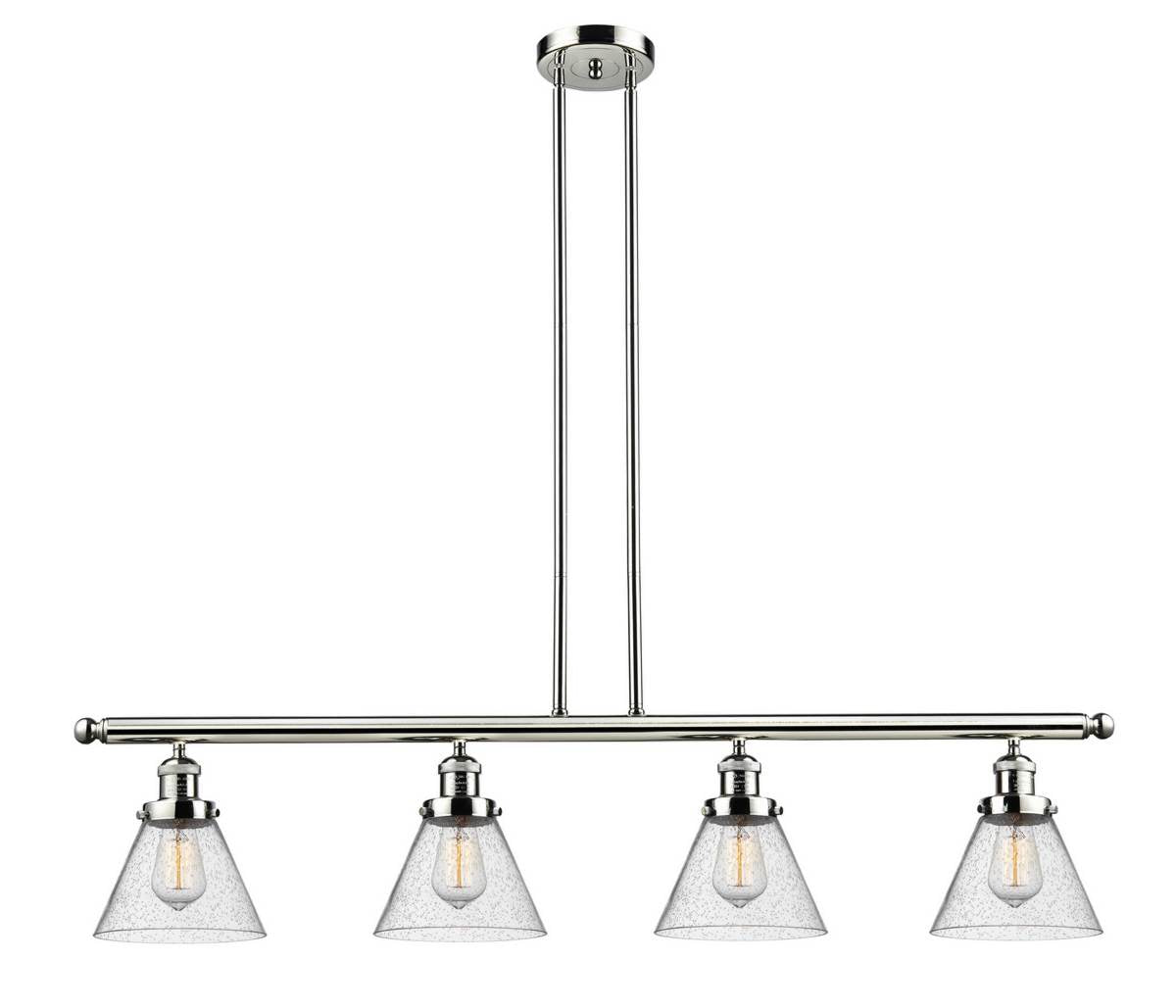 214-PN-G44 4-Light 52.375" Polished Nickel Island Light - Seedy Large Cone Glass - LED Bulb - Dimmensions: 52.375 x 7.75 x 10<br>Minimum Height : 20.25<br>Maximum Height : 44.25 - Sloped Ceiling Compatible: Yes