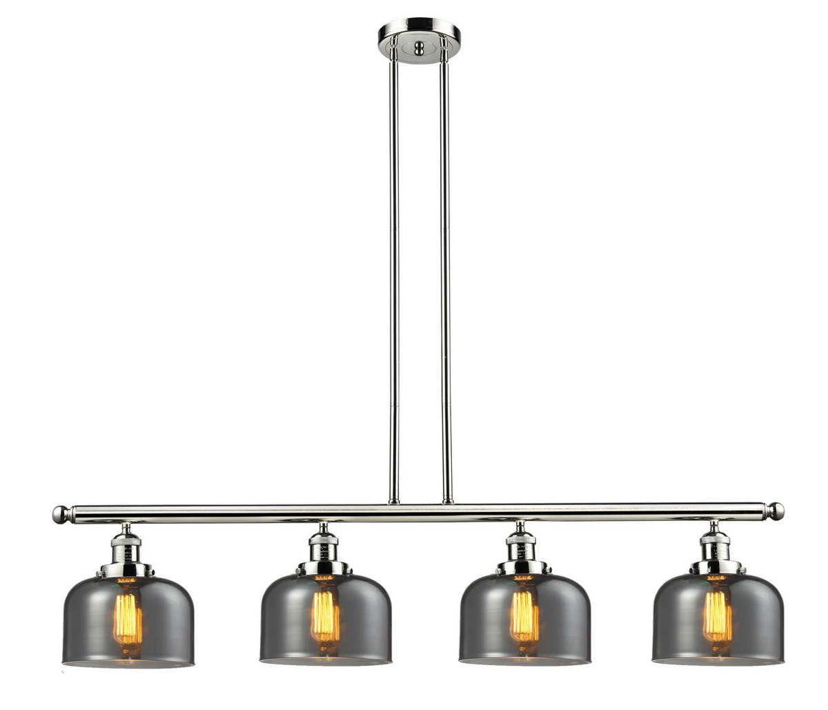 214-PN-G73 4-Light 52.625" Polished Nickel Island Light - Plated Smoke Large Bell Glass - LED Bulb - Dimmensions: 52.625 x 8 x 10<br>Minimum Height : 20<br>Maximum Height : 44 - Sloped Ceiling Compatible: Yes