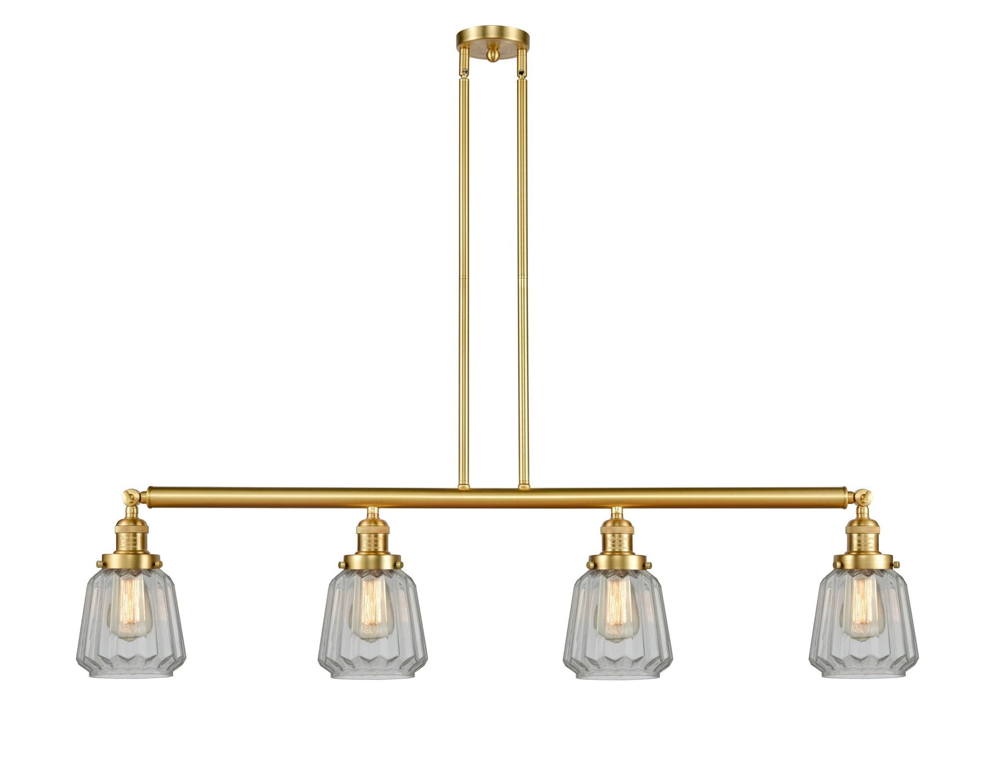 214-SG-G142 4-Light 50.875" Satin Gold Island Light - Clear Chatham Glass - LED Bulb - Dimmensions: 50.875 x 6.25 x 10<br>Minimum Height : 21<br>Maximum Height : 45 - Sloped Ceiling Compatible: Yes