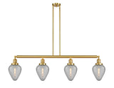 214-SG-G165 4-Light 51.625" Satin Gold Island Light - Clear Crackle Geneseo Glass - LED Bulb - Dimmensions: 51.625 x 7 x 10<br>Minimum Height : 23<br>Maximum Height : 47 - Sloped Ceiling Compatible: Yes