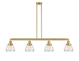 214-SG-G172 4-Light 51.375" Satin Gold Island Light - Clear Fulton Glass - LED Bulb - Dimmensions: 51.375 x 6.75 x 10<br>Minimum Height : 19.5<br>Maximum Height : 43.5 - Sloped Ceiling Compatible: Yes