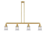 214-SG-G182S 4-Light 50.625" Satin Gold Island Light - Clear Small Canton Glass - LED Bulb - Dimmensions: 50.625 x 6 x 11<br>Minimum Height : 19.75<br>Maximum Height : 43.75 - Sloped Ceiling Compatible: Yes