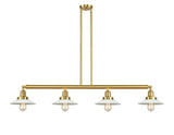 214-SG-G1 4-Light 53.125" Satin Gold Island Light - White Halophane Glass - LED Bulb - Dimmensions: 53.125 x 8.5 x 8<br>Minimum Height : 16.25<br>Maximum Height : 40.25 - Sloped Ceiling Compatible: Yes