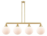 214-SG-G201-10 4-Light 54" Satin Gold Island Light - Matte White Cased Beacon Glass - LED Bulb - Dimmensions: 54 x 10 x 14<br>Minimum Height : 24<br>Maximum Height : 48 - Sloped Ceiling Compatible: Yes