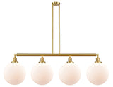 214-SG-G201-12 4-Light 56" Satin Gold Island Light - Matte White Cased Beacon Glass - LED Bulb - Dimmensions: 56 x 12 x 16<br>Minimum Height : 26<br>Maximum Height : 50 - Sloped Ceiling Compatible: Yes