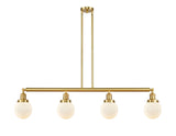 214-SG-G201-6 4-Light 50.625" Satin Gold Island Light - Matte White Cased Beacon Glass - LED Bulb - Dimmensions: 50.625 x 6 x 10.875<br>Minimum Height : 20<br>Maximum Height : 44 - Sloped Ceiling Compatible: Yes