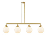 214-SG-G201-8 4-Light 52.625" Satin Gold Island Light - Matte White Cased Beacon Glass - LED Bulb - Dimmensions: 52.625 x 8 x 12.875<br>Minimum Height : 22<br>Maximum Height : 46 - Sloped Ceiling Compatible: Yes