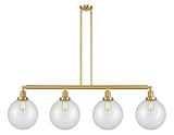 214-SG-G202-10 4-Light 54" Satin Gold Island Light - Clear Beacon Glass - LED Bulb - Dimmensions: 54 x 10 x 14<br>Minimum Height : 24<br>Maximum Height : 48 - Sloped Ceiling Compatible: Yes
