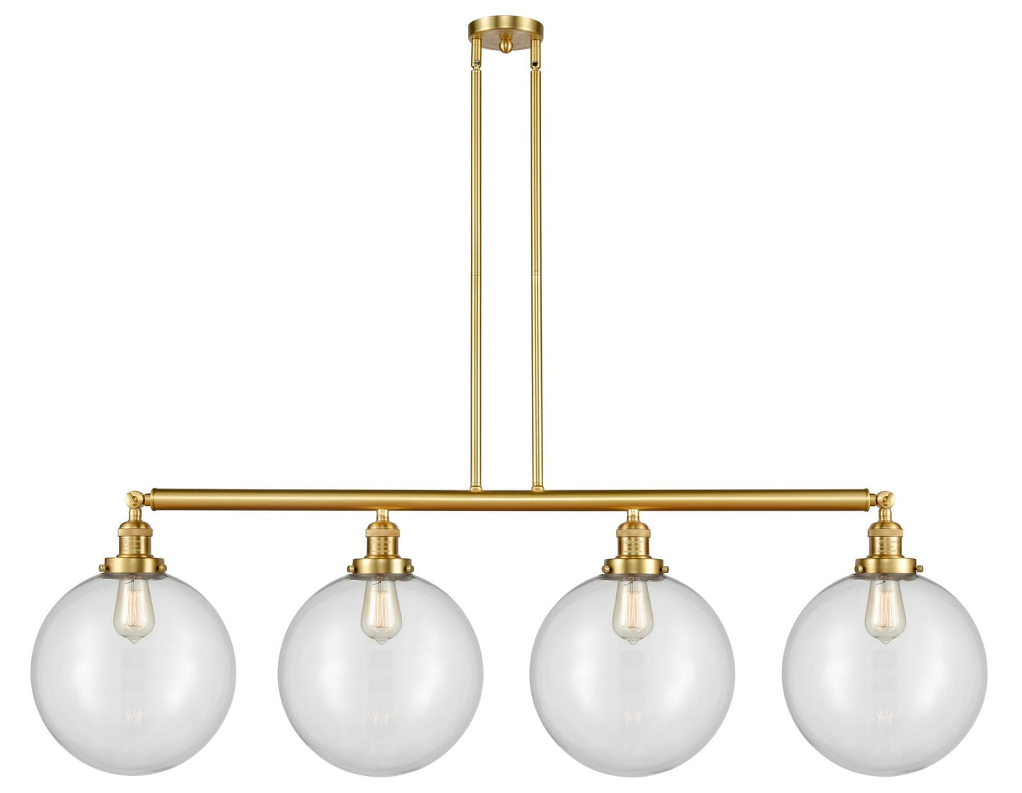 214-SG-G202-12 4-Light 56" Satin Gold Island Light - Clear Beacon Glass - LED Bulb - Dimmensions: 56 x 12 x 16<br>Minimum Height : 26<br>Maximum Height : 50 - Sloped Ceiling Compatible: Yes