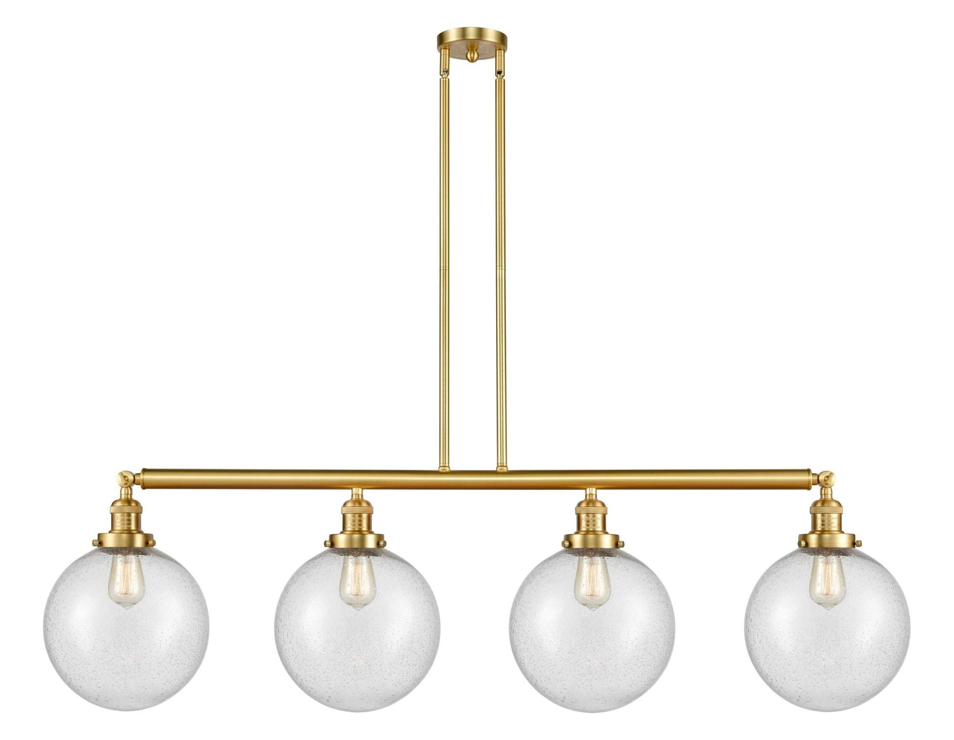 214-SG-G204-10 4-Light 54" Satin Gold Island Light - Seedy Beacon Glass - LED Bulb - Dimmensions: 54 x 10 x 14<br>Minimum Height : 24<br>Maximum Height : 48 - Sloped Ceiling Compatible: Yes