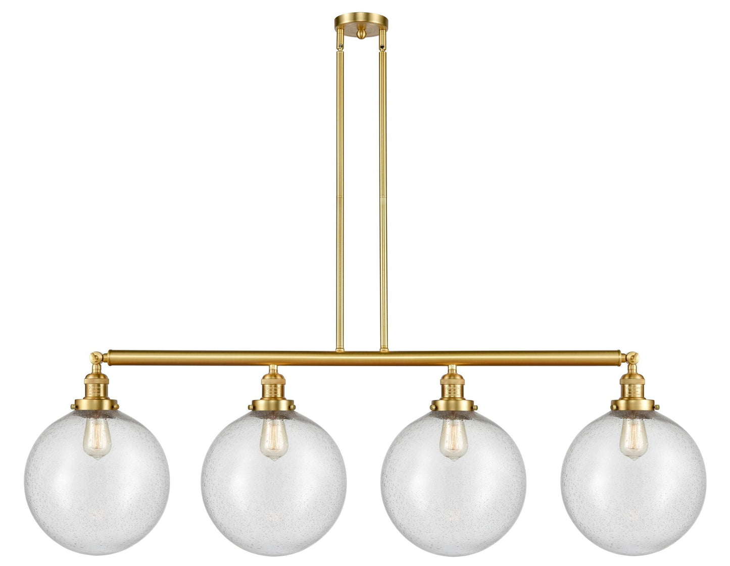 214-SG-G204-12 4-Light 56" Satin Gold Island Light - Seedy Beacon Glass - LED Bulb - Dimmensions: 56 x 12 x 16<br>Minimum Height : 26<br>Maximum Height : 50 - Sloped Ceiling Compatible: Yes