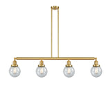 214-SG-G204-6 4-Light 50.625" Satin Gold Island Light - Seedy Beacon Glass - LED Bulb - Dimmensions: 50.625 x 6 x 10.875<br>Minimum Height : 20<br>Maximum Height : 44 - Sloped Ceiling Compatible: Yes