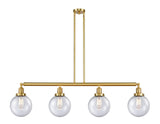 214-SG-G204-8 4-Light 52.625" Satin Gold Island Light - Seedy Beacon Glass - LED Bulb - Dimmensions: 52.625 x 8 x 12.875<br>Minimum Height : 22<br>Maximum Height : 46 - Sloped Ceiling Compatible: Yes