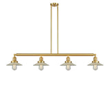 214-SG-G2 4-Light 53.125" Satin Gold Island Light - Clear Halophane Glass - LED Bulb - Dimmensions: 53.125 x 8.5 x 8<br>Minimum Height : 16.25<br>Maximum Height : 40.25 - Sloped Ceiling Compatible: Yes