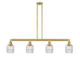 214-SG-G302 4-Light 50.125" Satin Gold Island Light - Thick Clear Halophane Colton Glass - LED Bulb - Dimmensions: 50.125 x 7 x 11<br>Minimum Height : 20.25<br>Maximum Height : 44.25 - Sloped Ceiling Compatible: Yes