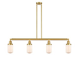 214-SG-G311 4-Light 49.125" Satin Gold Island Light - Matte White Cased Dover Glass - LED Bulb - Dimmensions: 49.125 x 4.5 x 10.75<br>Minimum Height : 20.75<br>Maximum Height : 44.75 - Sloped Ceiling Compatible: Yes