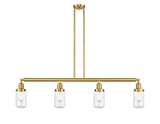 214-SG-G312 4-Light 49.125" Satin Gold Island Light - Clear Dover Glass - LED Bulb - Dimmensions: 49.125 x 4.5 x 10.75<br>Minimum Height : 20.75<br>Maximum Height : 44.75 - Sloped Ceiling Compatible: Yes