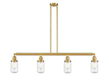 214-SG-G314 4-Light 49.125" Satin Gold Island Light - Seedy Dover Glass - LED Bulb - Dimmensions: 49.125 x 4.5 x 10.75<br>Minimum Height : 20.75<br>Maximum Height : 44.75 - Sloped Ceiling Compatible: Yes