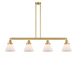 214-SG-G41 4-Light 52.375" Satin Gold Island Light - Matte White Cased Large Cone Glass - LED Bulb - Dimmensions: 52.375 x 7.75 x 10<br>Minimum Height : 20.25<br>Maximum Height : 44.25 - Sloped Ceiling Compatible: Yes