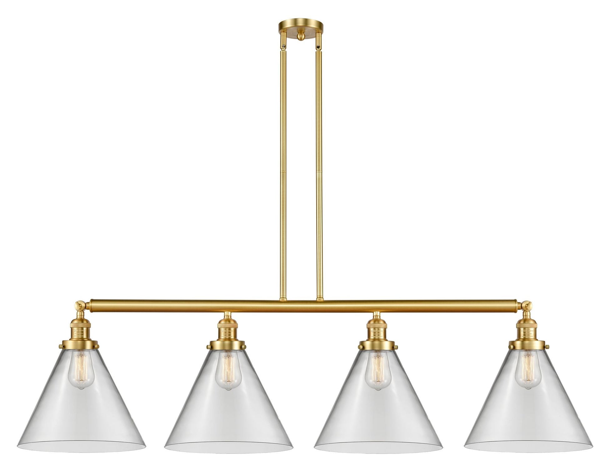 214-SG-G42-L 4-Light 56" Satin Gold Island Light - Clear Cone 12" Glass - LED Bulb - Dimmensions: 56 x 12 x 14<br>Minimum Height : 24.25<br>Maximum Height : 48.25 - Sloped Ceiling Compatible: Yes