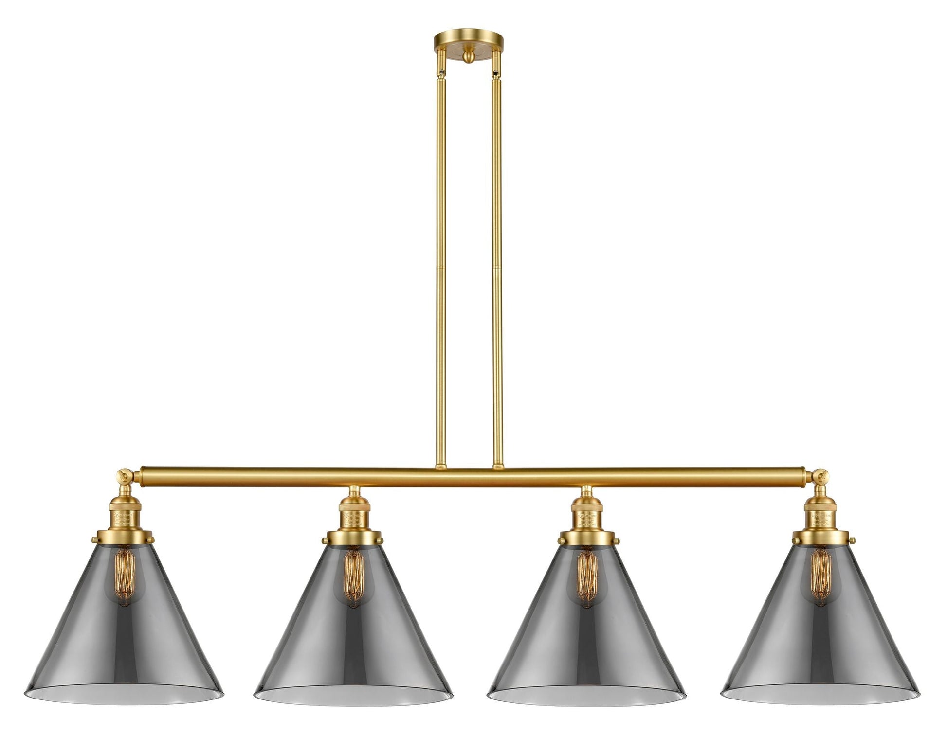 214-SG-G43-L 4-Light 56" Satin Gold Island Light - Plated Smoke Cone 12" Glass - LED Bulb - Dimmensions: 56 x 12 x 14<br>Minimum Height : 24.25<br>Maximum Height : 48.25 - Sloped Ceiling Compatible: Yes