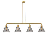 214-SG-G43 4-Light 52.375" Satin Gold Island Light - Plated Smoke Large Cone Glass - LED Bulb - Dimmensions: 52.375 x 7.75 x 10<br>Minimum Height : 20.25<br>Maximum Height : 44.25 - Sloped Ceiling Compatible: Yes