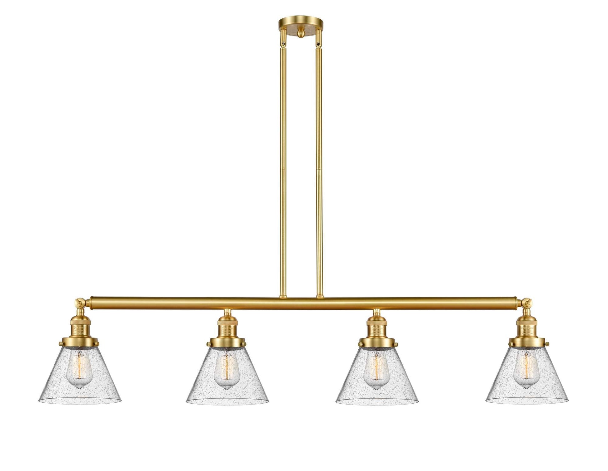 214-SG-G44 4-Light 52.375" Satin Gold Island Light - Seedy Large Cone Glass - LED Bulb - Dimmensions: 52.375 x 7.75 x 10<br>Minimum Height : 20.25<br>Maximum Height : 44.25 - Sloped Ceiling Compatible: Yes