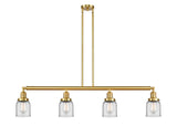 214-SG-G52 4-Light 49.625" Satin Gold Island Light - Clear Small Bell Glass - LED Bulb - Dimmensions: 49.625 x 5 x 10<br>Minimum Height : 20<br>Maximum Height : 44 - Sloped Ceiling Compatible: Yes