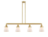 214-SG-G61 4-Light 50.875" Satin Gold Island Light - Matte White Cased Small Cone Glass - LED Bulb - Dimmensions: 50.875 x 6.25 x 10<br>Minimum Height : 20<br>Maximum Height : 44 - Sloped Ceiling Compatible: Yes
