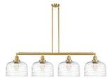 214-SG-G713-L 4-Light 54" Satin Gold Island Light - Clear Deco Swirl X-Large Bell Glass - LED Bulb - Dimmensions: 54 x 12 x 13<br>Minimum Height : 22.25<br>Maximum Height : 46.25 - Sloped Ceiling Compatible: Yes