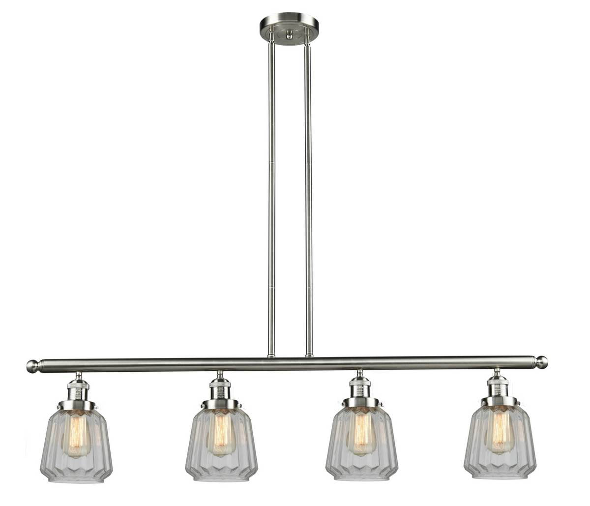 214-SN-G142 4-Light 50.875" Brushed Satin Nickel Island Light - Clear Chatham Glass - LED Bulb - Dimmensions: 50.875 x 6.25 x 10<br>Minimum Height : 21<br>Maximum Height : 45 - Sloped Ceiling Compatible: Yes