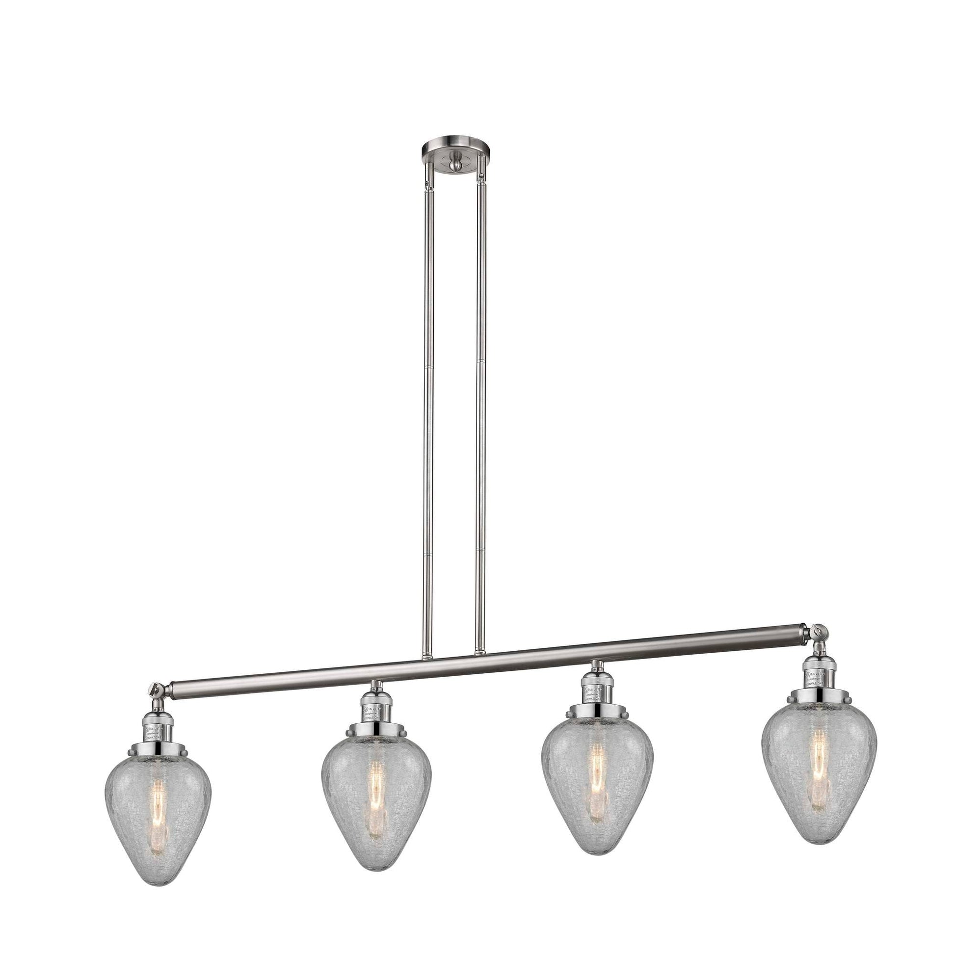 214-SN-G165 4-Light 51.625" Brushed Satin Nickel Island Light - Clear Crackle Geneseo Glass - LED Bulb - Dimmensions: 51.625 x 7 x 10<br>Minimum Height : 23<br>Maximum Height : 47 - Sloped Ceiling Compatible: Yes
