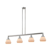 214-SN-G171 4-Light 51.375" Brushed Satin Nickel Island Light - Matte White Cased Fulton Glass - LED Bulb - Dimmensions: 51.375 x 6.75 x 10<br>Minimum Height : 19.5<br>Maximum Height : 43.5 - Sloped Ceiling Compatible: Yes