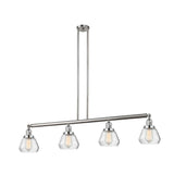 214-SN-G172 4-Light 51.375" Brushed Satin Nickel Island Light - Clear Fulton Glass - LED Bulb - Dimmensions: 51.375 x 6.75 x 10<br>Minimum Height : 19.5<br>Maximum Height : 43.5 - Sloped Ceiling Compatible: Yes