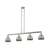 214-SN-G173 4-Light 51.375" Brushed Satin Nickel Island Light - Plated Smoke Fulton Glass - LED Bulb - Dimmensions: 51.375 x 6.75 x 10<br>Minimum Height : 19.5<br>Maximum Height : 43.5 - Sloped Ceiling Compatible: Yes