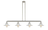 214-SN-G1 4-Light 53.125" Brushed Satin Nickel Island Light - White Halophane Glass - LED Bulb - Dimmensions: 53.125 x 8.5 x 8<br>Minimum Height : 16.25<br>Maximum Height : 40.25 - Sloped Ceiling Compatible: Yes