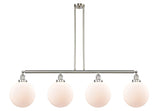 214-SN-G201-10 4-Light 54" Brushed Satin Nickel Island Light - Matte White Cased Beacon Glass - LED Bulb - Dimmensions: 54 x 10 x 14<br>Minimum Height : 24<br>Maximum Height : 48 - Sloped Ceiling Compatible: Yes