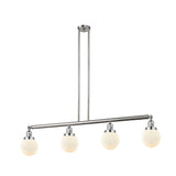 214-SN-G201-6 4-Light 50.625" Brushed Satin Nickel Island Light - Matte White Cased Beacon Glass - LED Bulb - Dimmensions: 50.625 x 6 x 10.875<br>Minimum Height : 20<br>Maximum Height : 44 - Sloped Ceiling Compatible: Yes