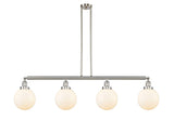 214-SN-G201-8 4-Light 52.625" Brushed Satin Nickel Island Light - Matte White Cased Beacon Glass - LED Bulb - Dimmensions: 52.625 x 8 x 12.875<br>Minimum Height : 22<br>Maximum Height : 46 - Sloped Ceiling Compatible: Yes