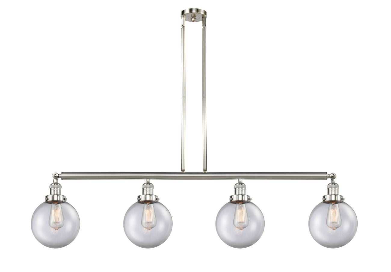 214-SN-G202-8 4-Light 52.625" Brushed Satin Nickel Island Light - Clear Beacon Glass - LED Bulb - Dimmensions: 52.625 x 8 x 12.875<br>Minimum Height : 22<br>Maximum Height : 46 - Sloped Ceiling Compatible: Yes